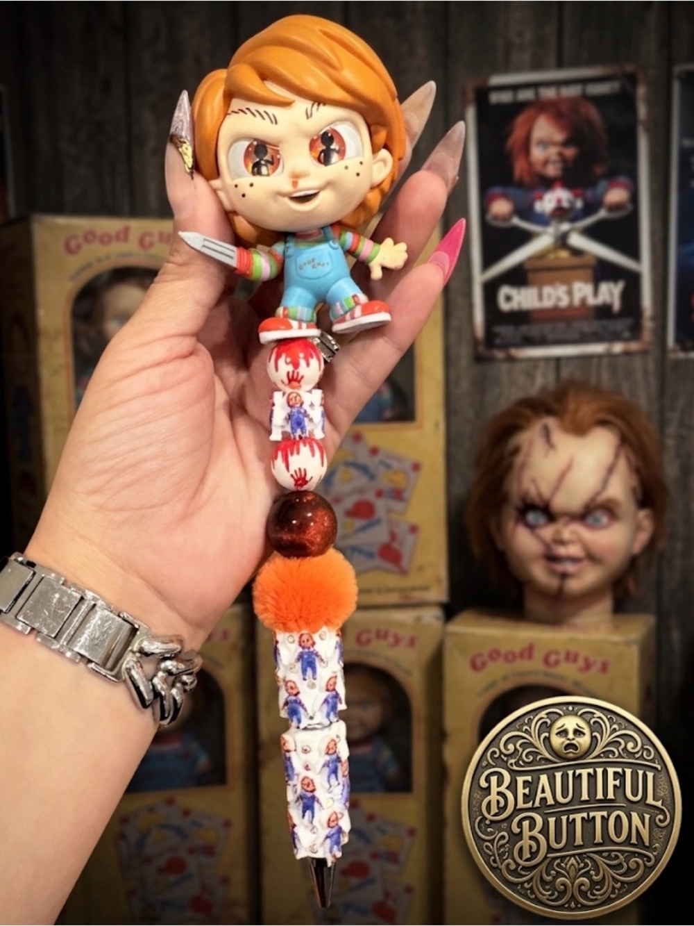 Orange Chucky-Style Character Pen with Plush Topper
